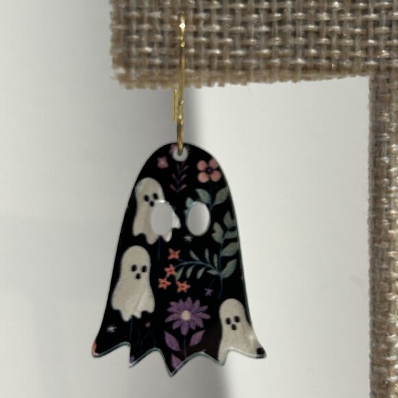 NEW Halloween Ghost Dangle Earrings Floral Design Lightweight Spooky Season - Picture 2 of 5